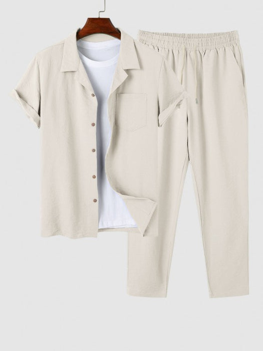 Lapel Collar Button Front Short Sleeve Shirt And Pants