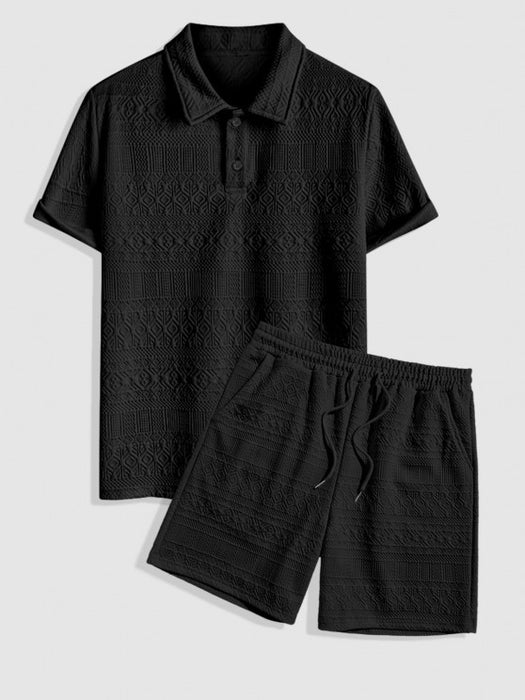 Geometric Collared T Shirt And Shorts Set