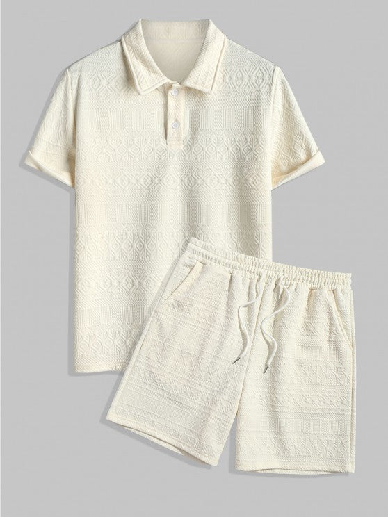 Geometric Collared T Shirt And Shorts Set