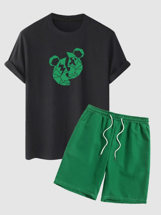 Bear Print T Shirt And Casual Shorts Set