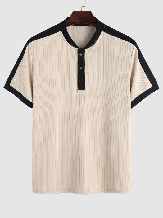 Ribbed Spliced Quarter Button Front T Shirt And Shorts