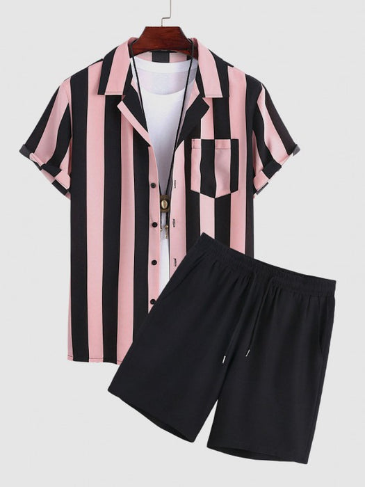 Lapel Collar Shirt And Drawstring Shorts Set