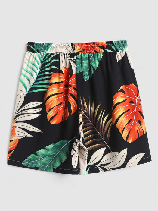 Tropical Palm Leaves And Drawstring Shorts Set