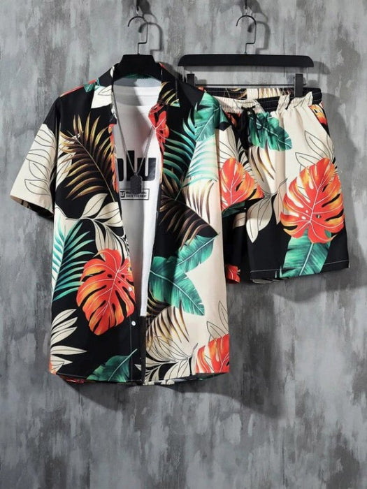 Tropical Palm Leaves And Drawstring Shorts Set