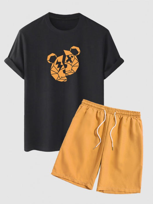 Bear Print T Shirt And Casual Shorts Set