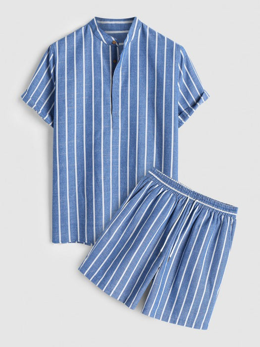 Collar Striped Short Sleeves Popover Shirt With Drawstring Shorts Set