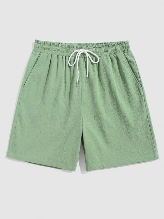 Plain Short Sleeves Shirt And Drawstring Bermuda Shorts Casual Set