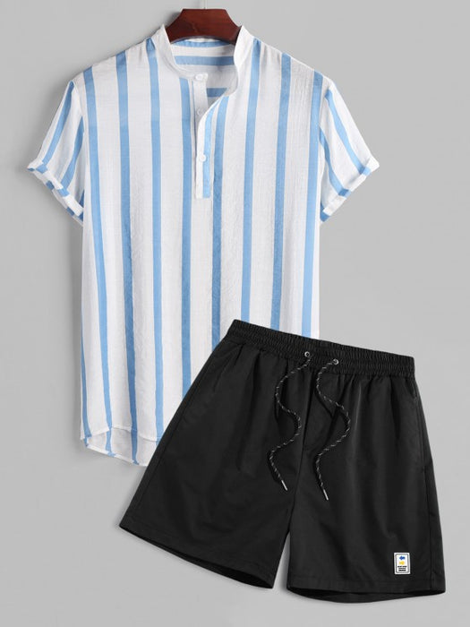 Striped Button Placket Stand Collar Shirt And Shorts