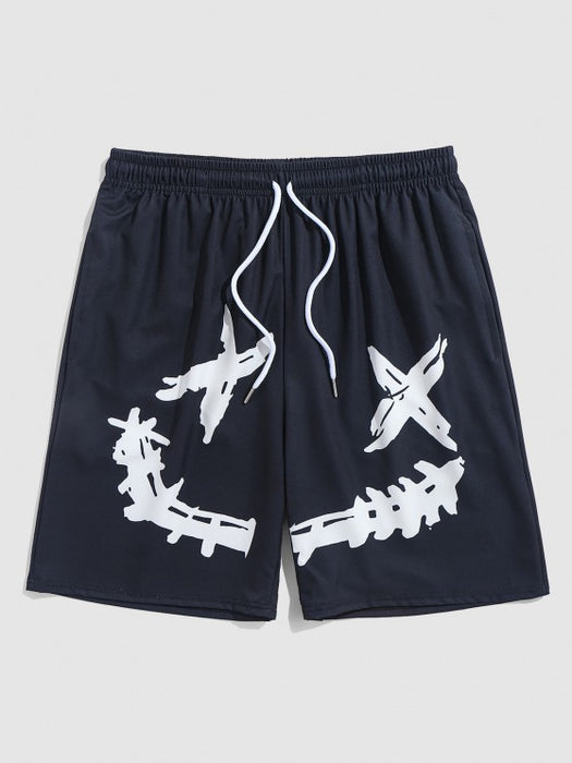 Printed Short Sleeves T Shirt And Cartoon Drawstring Shorts Set