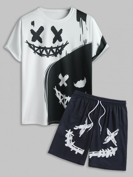 Printed Short Sleeves T Shirt And Cartoon Drawstring Shorts Set