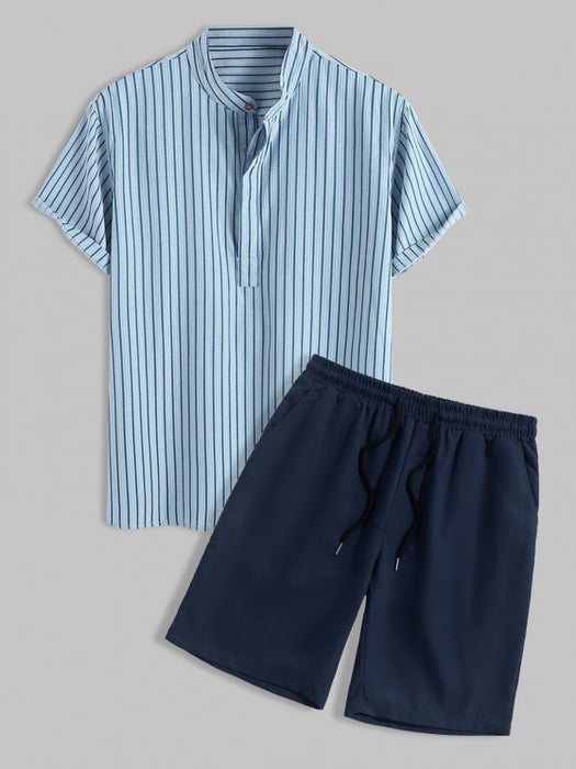 Vertical Striped Short Sleeves Shirt With Solid Color Shorts Set