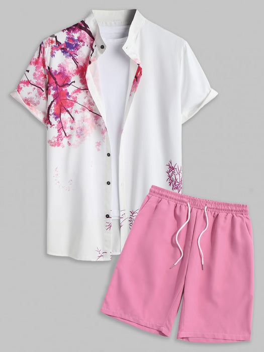 Painting Plant Pattern Casual Shirt And Bermuda Shorts Set