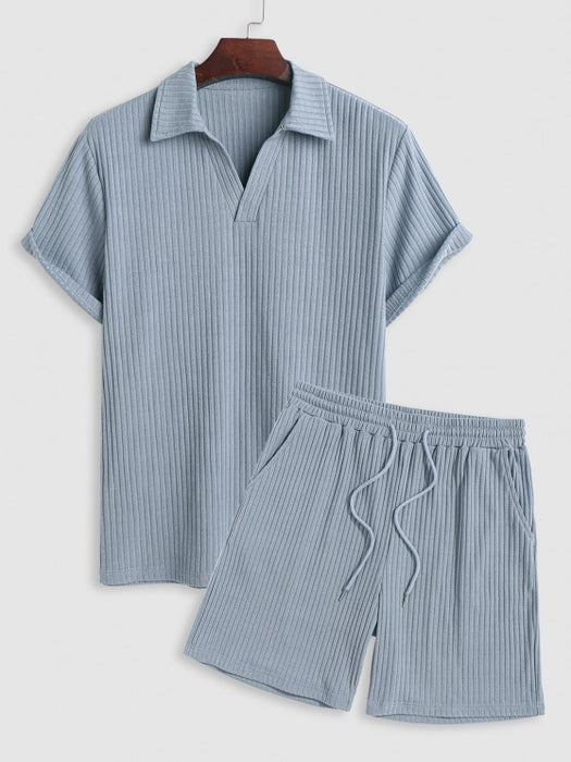 Basic Ribbed Textured Short Sleeves T shirt And Shorts Set