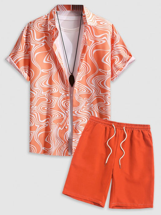 Wave Pattern Short Sleeves Shirt And Basic Casual Shorts Set