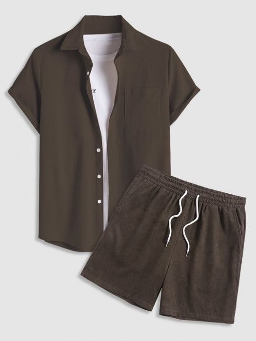 Drawstring Casual Solid Color Shirt And Shorts Set