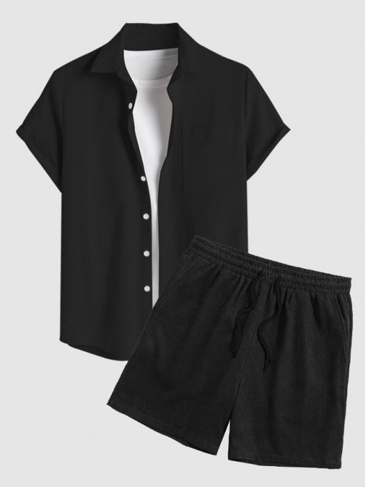 Drawstring Casual Solid Color Shirt And Shorts Set