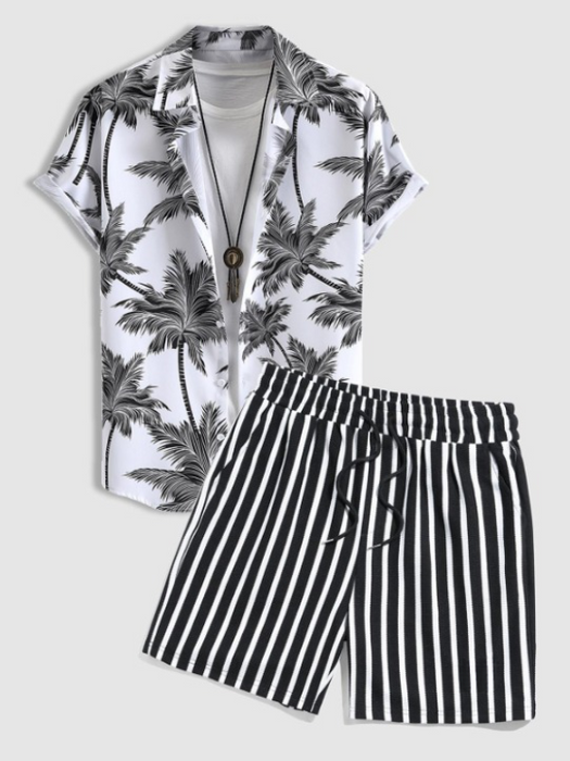 Tropical Coconut Tree Print Shirt And Striped Shorts
