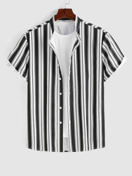 Vertical Striped Stand Collar Shirt And Shorts Set