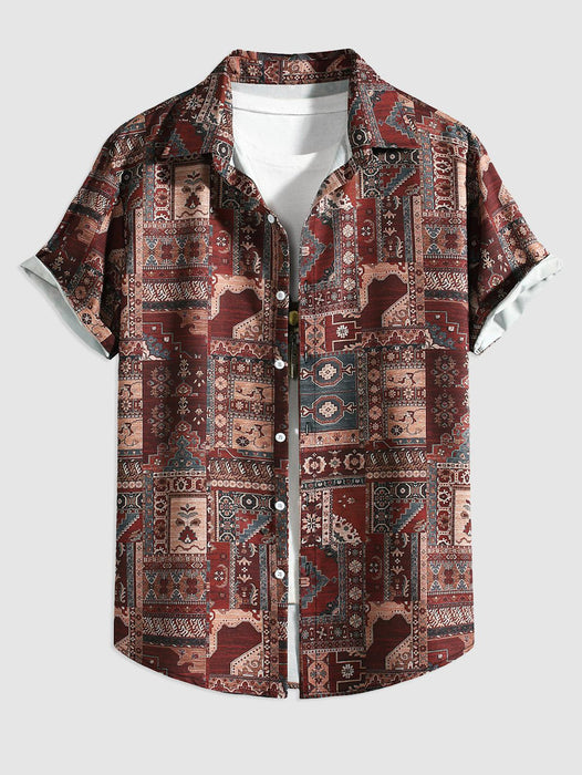 Vintage Geo Printed Casual Button Up Shirt And Shorts Set