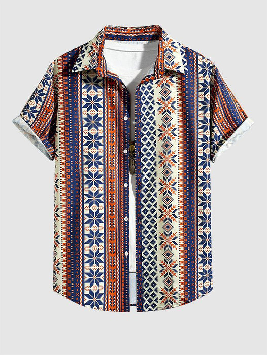 Retro Ethnic Geometric Pattern Short Sleeves Shirt And Shorts Set