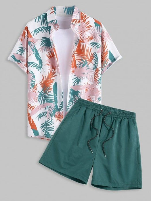 Tropical Palm Printed Shirt With Drawstring Shorts Set