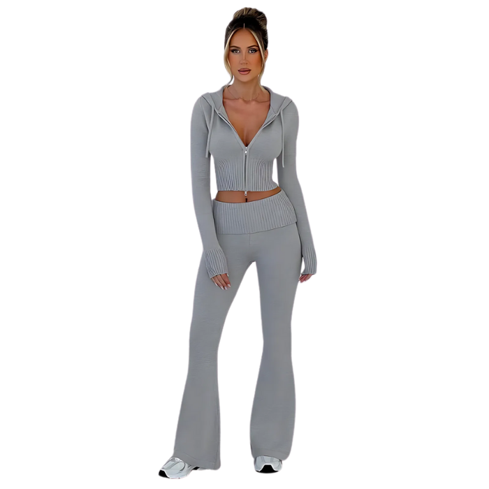 Two Piece Ribbed Zip Up Hoodie And Pant Set