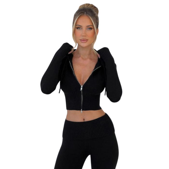 Two Piece Ribbed Zip Up Hoodie And Pant Set