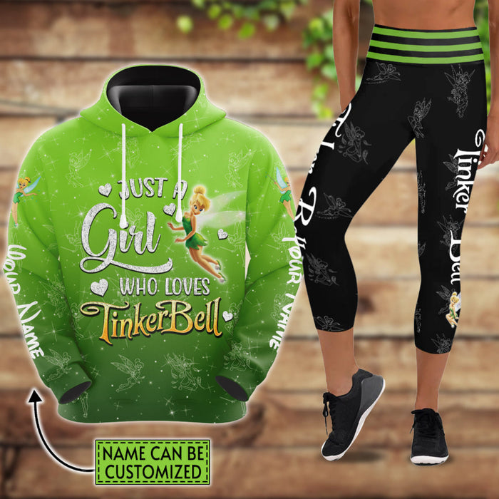 Custom Just A Girl Tinker Bell Glitter Pattern Hoodie And Capris Leggings Set