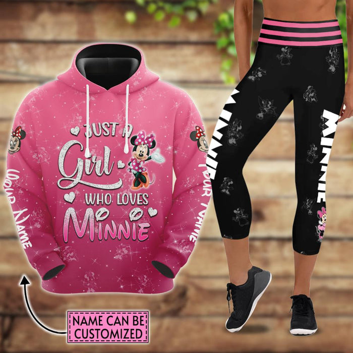 Custom Name Just A Girl Minnie Mouse Hoodie And Capris Leggings Set