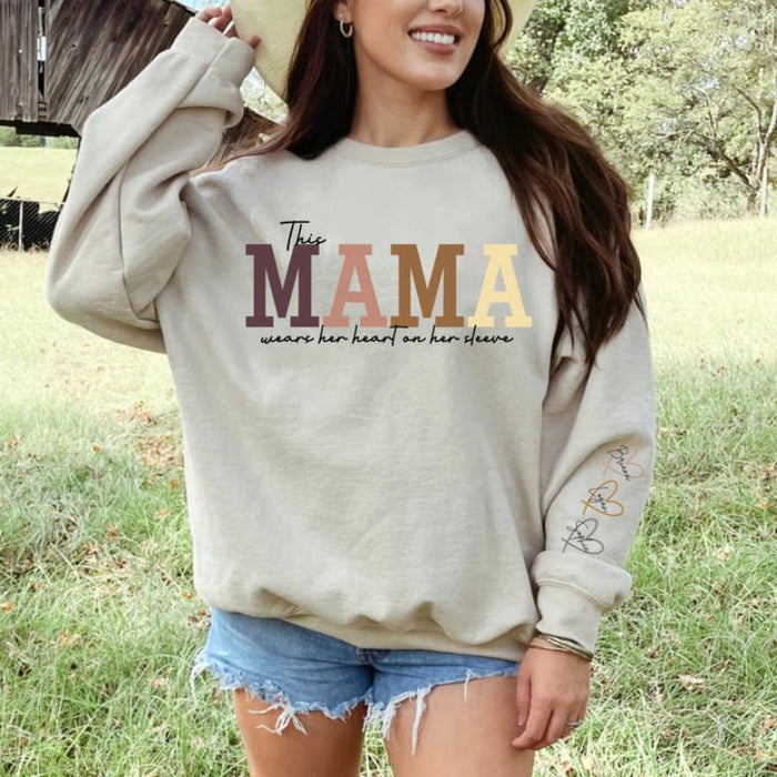 Custom Wear Heart On Sleeve Mama Sweatshirt Hoodie with Kid Names on Sleeves Mother's Day Birthday Gift