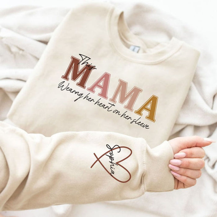 Custom Wear Heart On Sleeve Mama Sweatshirt Hoodie with Kid Names on Sleeves Mother's Day Birthday Gift