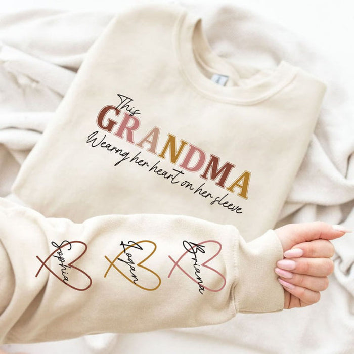 Custom Wear Heart On Sleeve Mama Sweatshirt Hoodie with Kid Names on Sleeves Mother's Day Birthday Gift