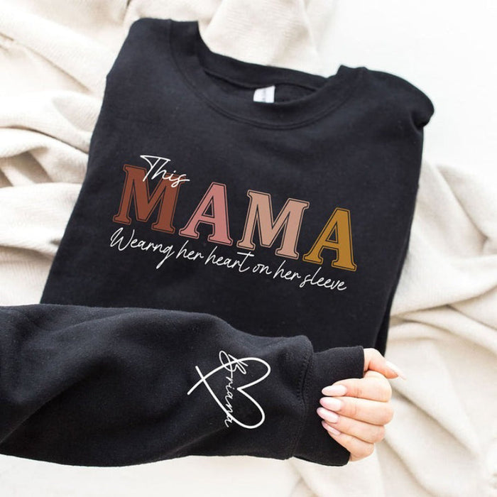 Custom Wear Heart On Sleeve Mama Sweatshirt Hoodie with Kid Names on Sleeves Mother's Day Birthday Gift