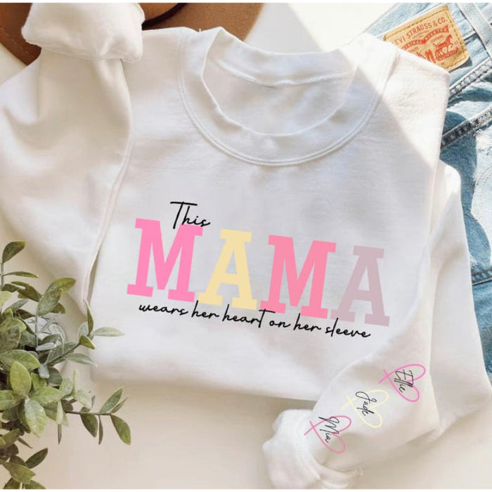 Custom Wear Heart On Sleeve Mama Sweatshirt Hoodie with Kid Names on Sleeves Mother's Day Birthday Gift